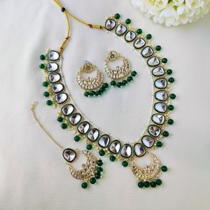 Gold Plated Kundan and Green Bead Set